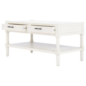 Transitional Coffee Table, Grooved Shelf and 2 Storage Drawers, Distressed White