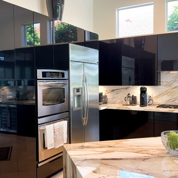 Sleek Flat Panel Black Cabinets with Integrated Modern Appliances