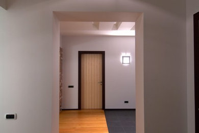 Стильный дизайн: коридор среднего размера в современном стиле с белыми стенами и светлым паркетным полом - последний тренд