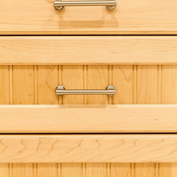 Natural Wood Bathroom Vanity Drawer Detail with Brushed Nickel Hardware – Beverl