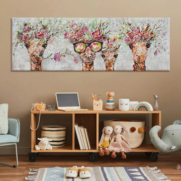 Abstract framed wall art with animals - Playful handmade painting "Giraffes"