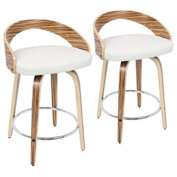 Grotto Counter Stools With Swivels, Set of 2, Zebra Wood, White, Pu, Chrome