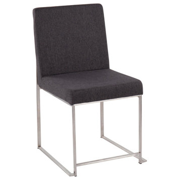 High Back Fuji Dining Chair, Set of 2, Brushed Stainless Steel, Charcoal Fabric
