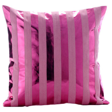 Pink Faux Leather 16"x16" Metallic Stripes Pillows Cover, Born 2 Party
