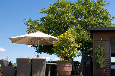Diseño de jardín de estilo de casa de campo de tamaño medio en verano en patio trasero con jardín francés, estanque y exposición total al sol