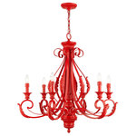 Livex Lighting Inc. - 6 Light Shiny Red Large Chandelier - The Valencia is a classically inspired fixture with an overlapping leaf pattern and graceful curves. It is reminiscent of a European trestle though the elements of this piece are beautifully rendered in a shiny red finish, which creates a much more contemporary feeling. This six-light large chandelier is perfect for any interior design style. Suspended in your living room, dining room or bedroom, this light will add glamour to your life.