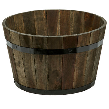 11" Wood Barrel Planter With Brown Oil