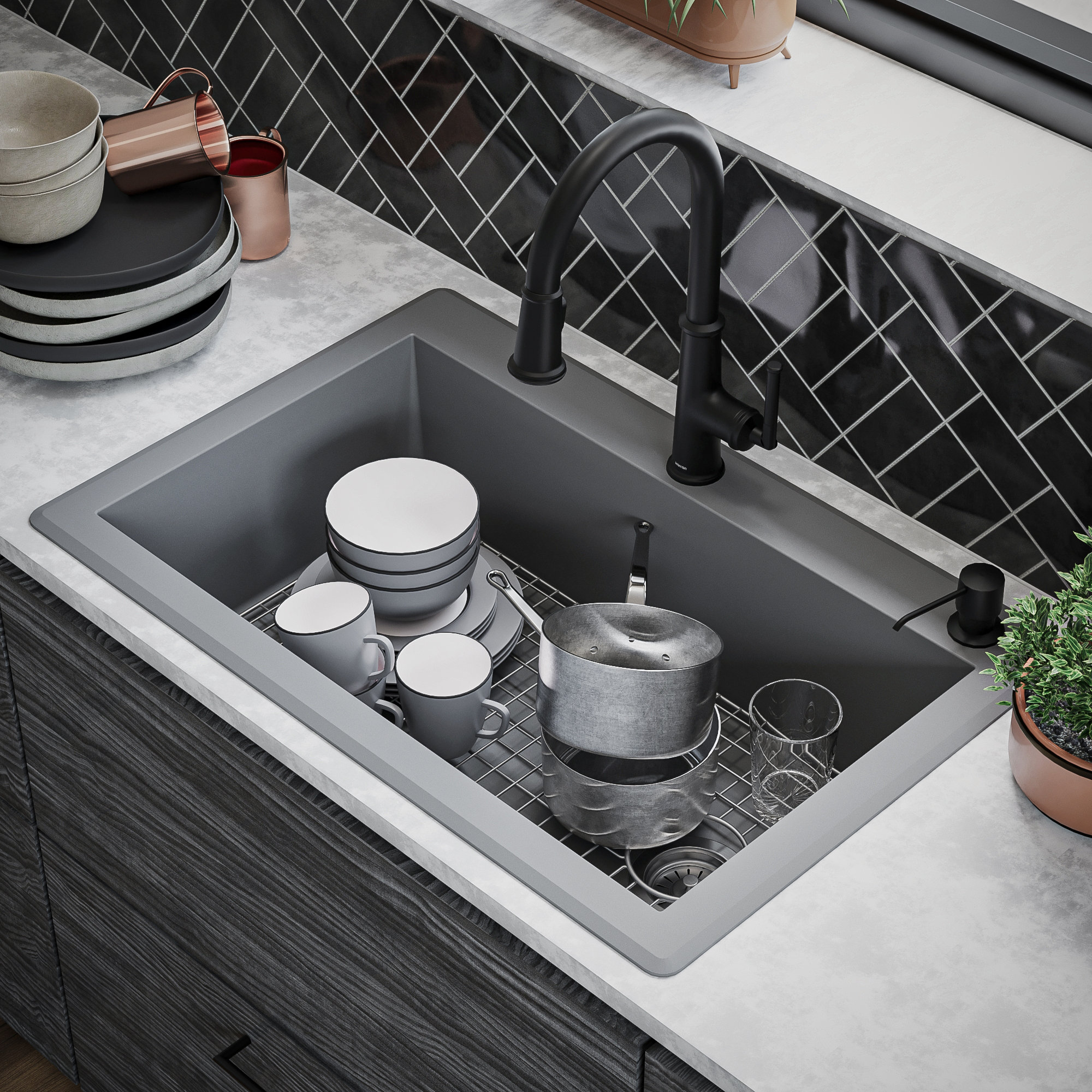 Karran Drop-In Quartz 33" 1-Hole Single Bowl Kitchen Sink Kit, Grey