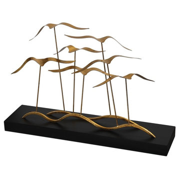 Modern Gold Black Flying Birds Sculpture, Flock Coastal Flight Statue