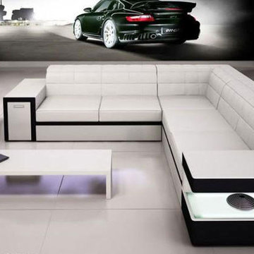 White Bonded Leather Sectional Sofa with Ottoman