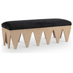 Meridian Furniture - Altair Upholstered Bench, Black, 55" W, Velour Fur Fabric Natural Finish - Bold and architectural, the Altair black velour fur fabric upholstered bench combines avant-garde design with plush luxury. The seat is covered in soft velour fur fabric, offering an indulgent texture that invites you to sit and relax. Its distinctive rich natural oak veneer wooden base, featuring sharp, angular legs, brings a sculptural, modern touch to any room.