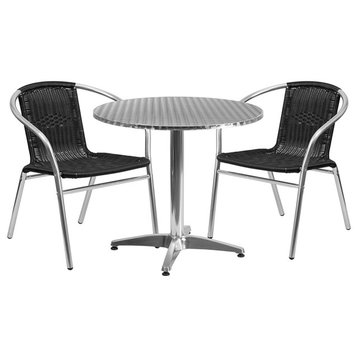 31.5" Round Aluminum Indoor Outdoor Table With 2 Black Rattan Chairs