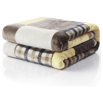 Plaid Buttermilk Yellow Brown Patchwork Plush Fleece Throw Blanket, 90"