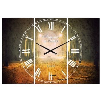 Urban Street At Night French Country 3 Panels Metal Clock