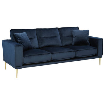 Contemporary Sofa, Elegant Design With Golden Legs and Padded Blue Velvet Seat