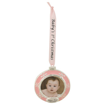 3" Pink and Silver-Plated "Baby's First Christmas" Framed Ornament With Crystals