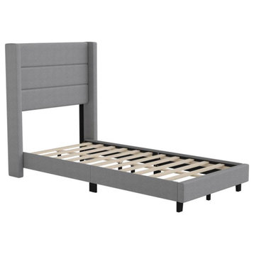 Hollis Upholstered Platform Bed with Wingback Headboard w/Mattress Foundation, Gray, Twin
