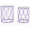 Set of 2 End Table, Geometric Metal Frame With White Round Wooden Top, Purple