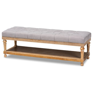 Bowery Hill Gray Linen Upholstered and Graywashed Wood Storage Bench