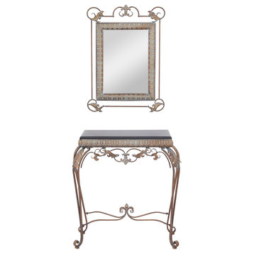 Unique Console Table & Wall Mirror, Leaf Bronze Metal Frame With Scrolled Accent