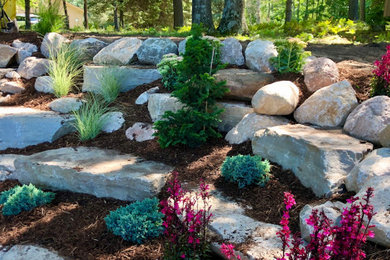 Inspiration for a mid-sized rustic hillside retaining wall landscape in Other.