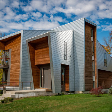 Knotty Cedar Siding Meets Stainless Steel Tile in Milton, MA