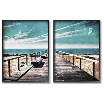 Tranquil Pier Dock Beach Clear Blue Sky Illustration, 2pc, each 16 x 20