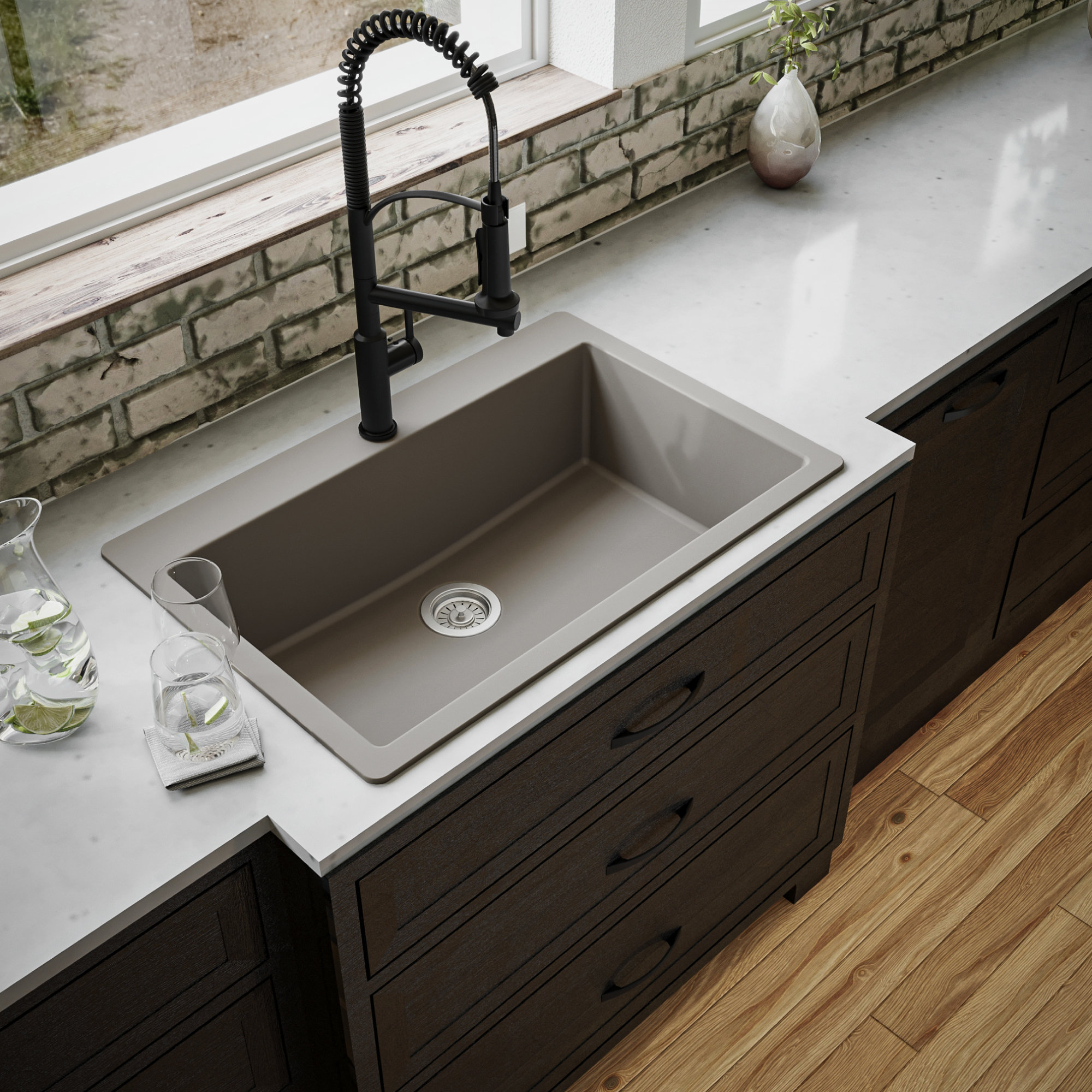 Karran QT-812 Top Mount 33" Large Single Bowl Quartz Kitchen Sink, Concrete