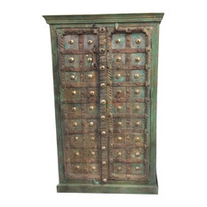 Mogul Interior - Consigned Antique Floral Carved Wood Armoire Green Moroccan Storage Cabinet - Storage Cabinets