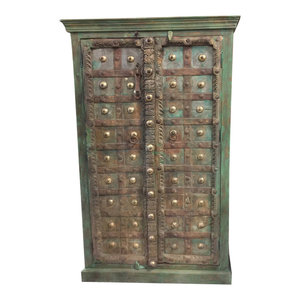 Mogul Interior - Consigned Antique Floral Carved Wood Armoire Green Moroccan Storage Cabinet - Armoires And Wardrobes