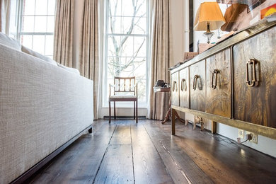 Photo of a large contemporary enclosed living room in London with dark hardwood flooring.
