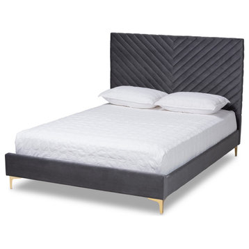 Luxe Gray Velvet Fabric Upholstered Gold Metal Full Size Platform Bed