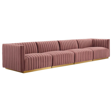 Conjure Channel Tufted Velvet 4-Piece Sofa, Gold Dusty Rose