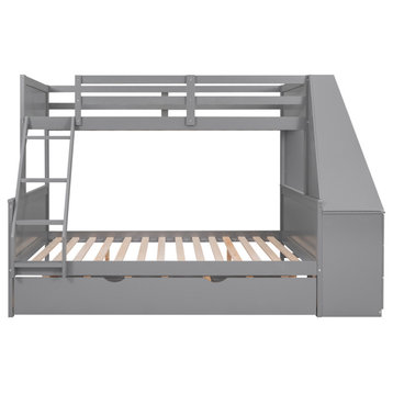 Gewnee Twin Over Full Bunk Bed with Desk Trundle and Built-in Desk  in Gray
