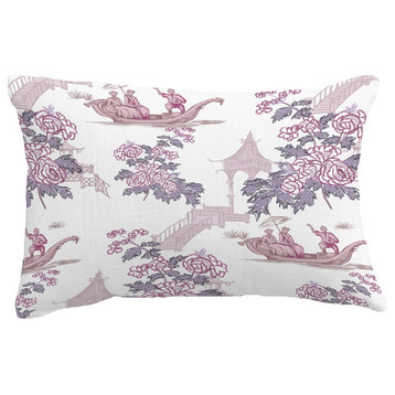 China Old Floral Print Throw Pillow With Linen Texture, Purple, 14"x20"