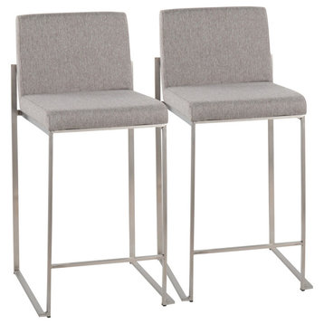 Fuji High Back Counter Stool, Set of 2, Stainless Steel, Gray Fabric