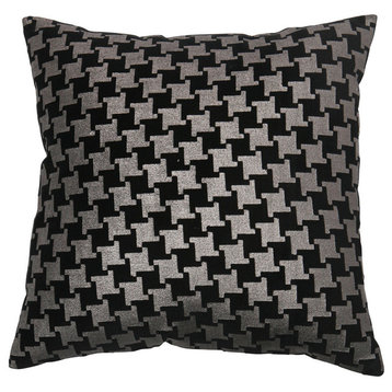 Large Houndstooth Metallic Foil Printed Velvet Pillow, Black