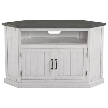 Rustic Corner TV Stand, Grooved Doors and Shelf With Cord Management, White/Gray