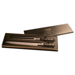 Master Grade - Master Grade Kitchen Knife Set, Carving Knife and Fork Set, Sharp Knife Set - Introducing the latest addition to the I.O. Shen collection: a beautifully crafted gift set featuring a versatile 9”/230mm carving knife blade with a matching carving fork. Utilizing our innovative Triplex Steel Technology, these kitchen knives combine a core of super-hard Rockwell 62° steel with two layers of softer Rockwell 10° stainless steel, resulting in an exceptional cutting edge. Each blade is meticulously handcrafted with a 15° edge, ensuring razor-sharp precision and long-lasting sharpness. The unique “Yin Yang” inspired Tai Tang handle not only enhances balance and stability but is also a testament to aesthetic and functional design. Crafted from durable, heat-resistant ebonite, the handle is designed for longevity and comfort. Please hand wash only to maintain the integrity of the knife set. Every I.O. Shen knife is expertly finished over an average of 7 hours, underscoring our commitment to quality and performance.