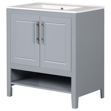 30" Freestanding Bath Vanity Set, White, Ceramic Sink and Doors, Grey