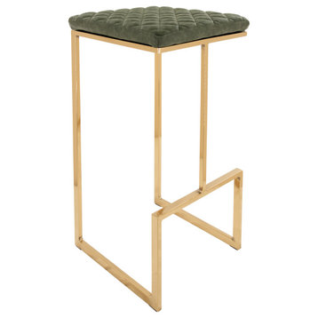 LeisureMod Quincy Leather Bar Stools With Gold Frame, Olive Green
