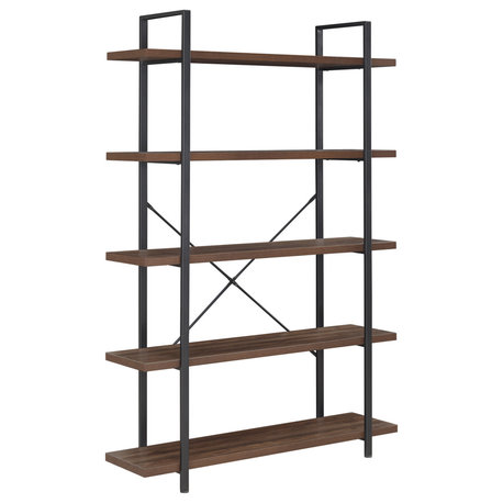 Industrial Bookcase Open Etagere Book Shelf Metal/Wood, Dark Walnut, 5 Shelves