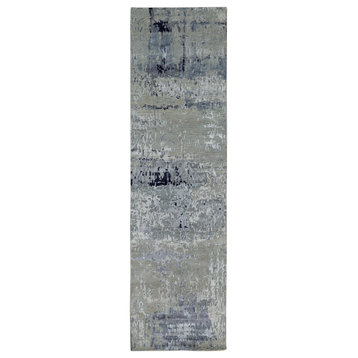 Silver, Blue Wool And Silk Modern Abstract Design Hand Knotted Rug, 2'7" x 9'9"