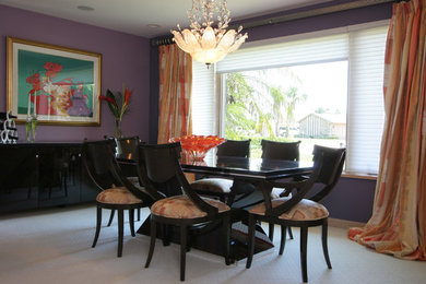 Design ideas for a large contemporary open plan dining in Orlando with purple walls, carpet and no fireplace.
