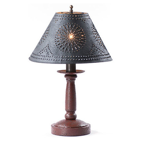 Handcrafted Wood Butchers Table Lamp With Punched Tin Shade, Red