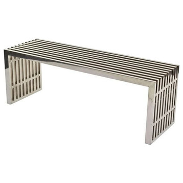 Modern Accent Bench, Slatted Design Constructed With Stainless Steel, Silver