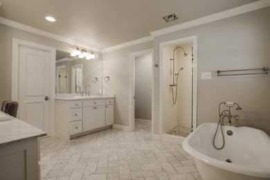 Bathroom - large traditional master gray tile and stone tile marble floor bathroom idea in Dallas with a drop-in sink, shaker cabinets, white cabinets, marble countertops, a two-piece toilet and gray walls