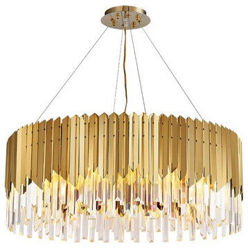 Gold Round Stainless Steel Crystal Modern Led Chandelier for Living Room, 31.5"