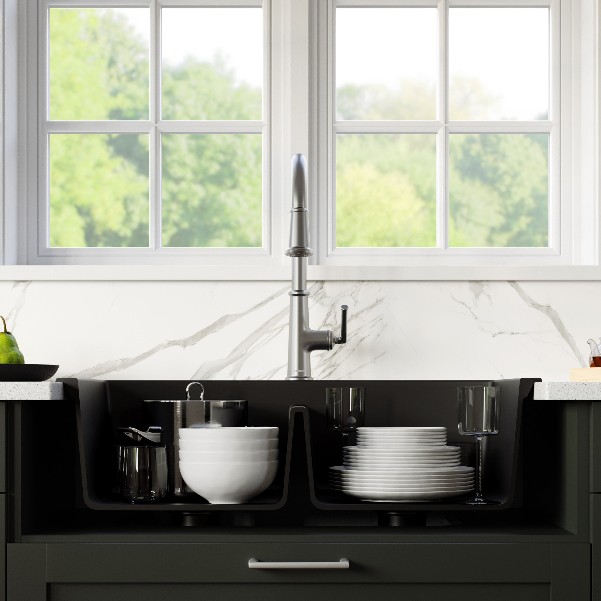 Karran Drop-in Quartz 33" 1-Hole 50/50 Double Bowl Sink Kit, Black
