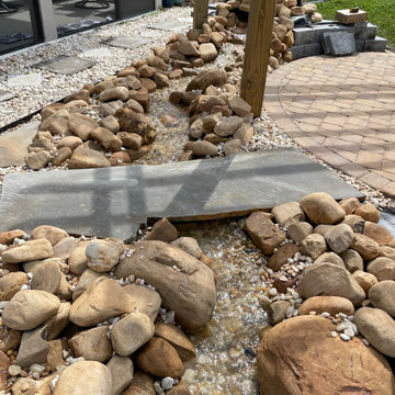 Backyard Oasis Running Stream Water Feature, Pergola, Arbor, Paver Patio, & Wall